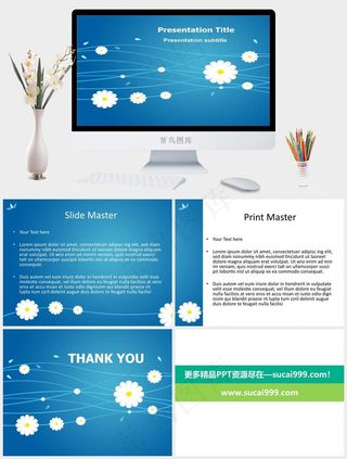 灵动蓝底白花背景ppt模板蓝色卡通风PPT模板蓝色卡通风PPT模板