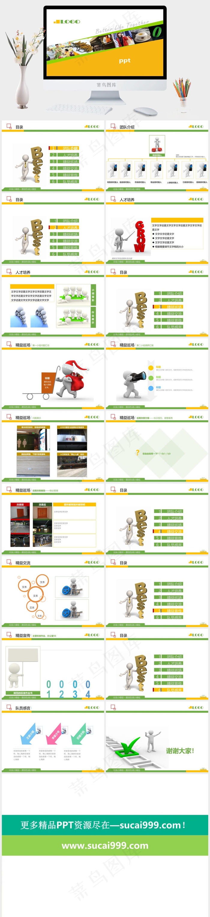 黄绿背景企业调查报告PPT模板白色黄色营销PPT模板