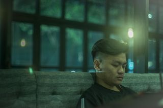 男，坐，小工具，咖啡馆，博凯，flare，雅加达，商业