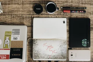 网格，创意，笔记本，铅笔，钢笔，桌子，工作区，木头