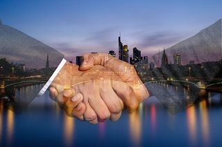 握手，握手，天际线，城市，手，欢迎，协议，合同