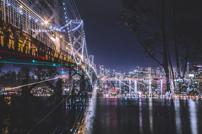 旧金山, 美国, 金银岛, 夜晚的天空, 光迹, 灯, 城市, 市容