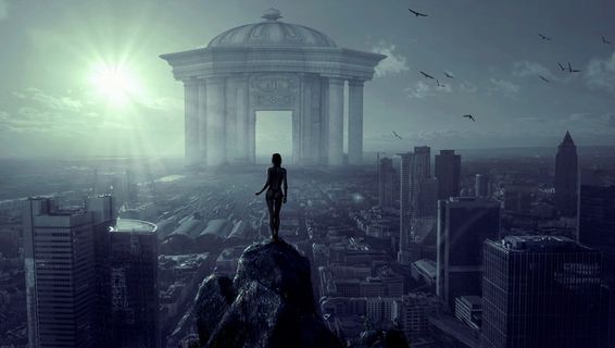 城市，纪念碑，建筑，女人，轮廓，建筑，光，天空