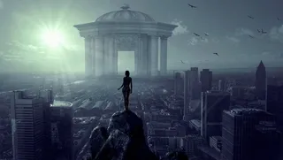 城市，纪念碑，建筑，女人，轮廓，建筑，光，天空