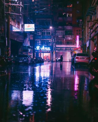 亚洲，雨，街道，照明，雨伞，水，旅游，城市