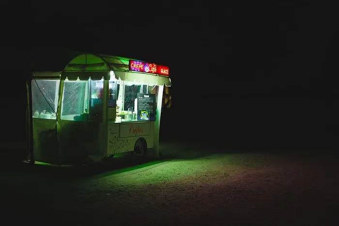 交通、公共汽车、车辆、小亭、面包车、大篷车、街头食品、夜间