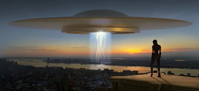 剪影摄影，外星人，站立，棕色，表面，幻想，科幻，漂浮