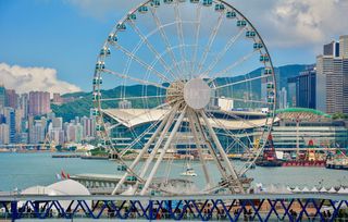 香港，香港观景轮，建筑，城市景观，码头，摩天轮，码头，山脉