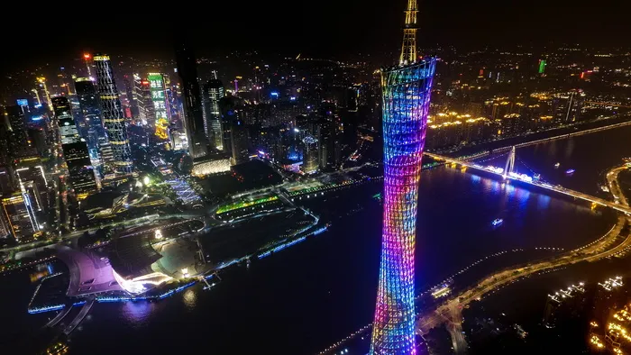 广东塔，中国，广东，小漂亮的腰，电视塔，照明，夜晚，城市，城市景观