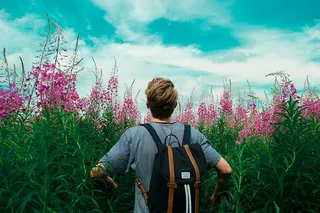 身穿灰色衬衫、背着黑棕色背包的男子，戴着狐狸手套，在蓝色和白色多云的天空下开着鲜花