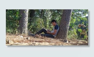 男人，灰色，t恤，黑色，裤子，倾斜，树皮，恋爱