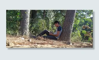 男人，灰色，t恤，黑色，裤子，倾斜，树皮，恋爱