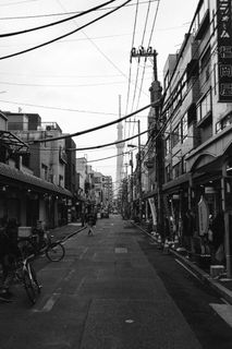 日本，太古，3 chome-18-2 matsugaya，street，skytower，black and white，cityscape，tokio