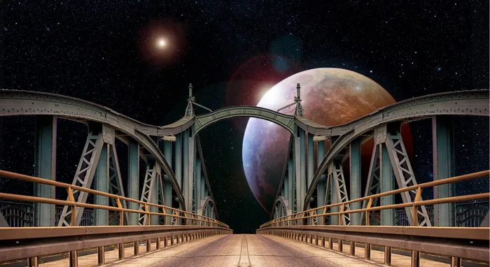 灰色、棕色、桥梁、夜间、火星、太空、行星、技术