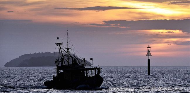 日落，傍晚，捕鱼，拖网渔船，船只，海洋，马来西亚，海洋