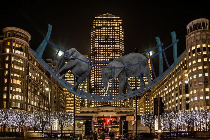 大象，桥雕像，建筑物，商场，商店，桥，灯