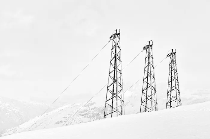 公用塔、雪景、黑、输电、塔、围、雪