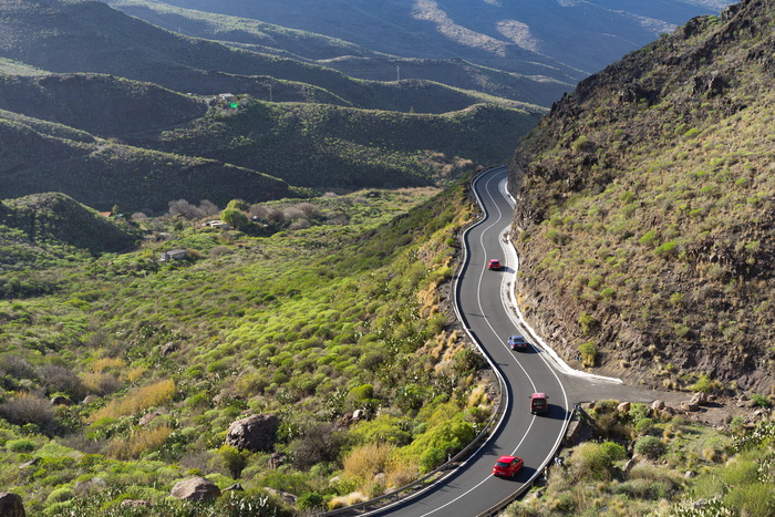 道路，驾驶，汽车，山谷，绿色，山，驾驶，山路