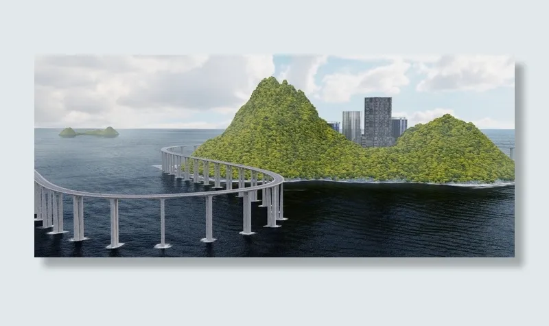 道路、岛屿、cgi、建筑、景观、自然、天空、山脉