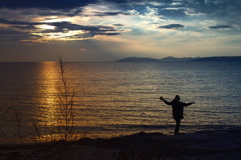 日落，迪恩斯，海洋，自然，海洋，水，剪影，人