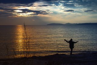 日落，迪恩斯，海洋，自然，海洋，水，剪影，人