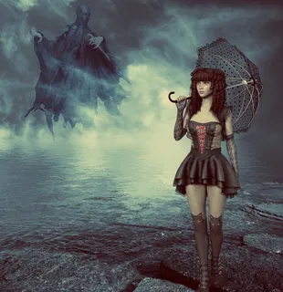 幻想,女孩,伞,水,雾,黑暗,幽灵,精神 幻想,女孩,伞,水,雾,黑暗,幽灵,精神