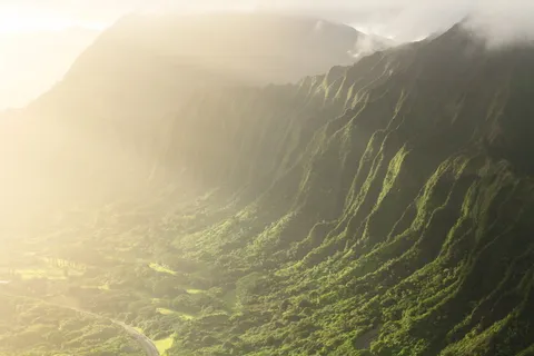 绿色，山地，白天，空中，摄影，包围，雾，高地
