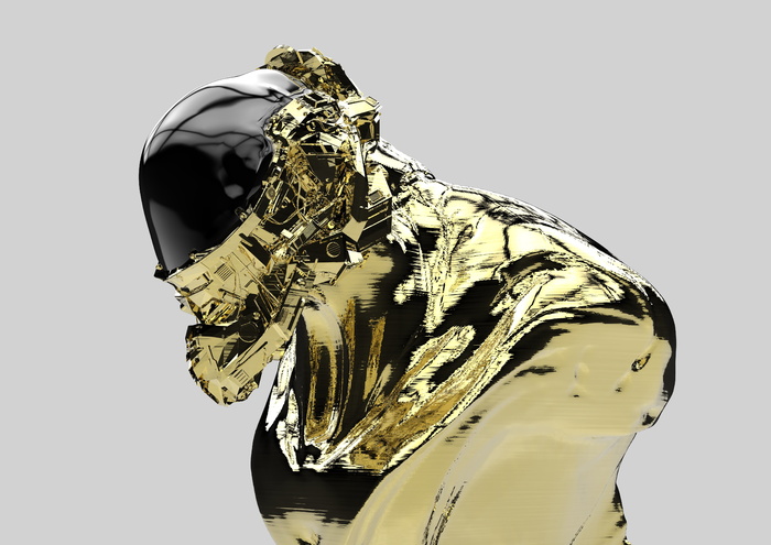 金色半身像，金色，机械，机器人，3d，工作室拍摄，室内，白色背景