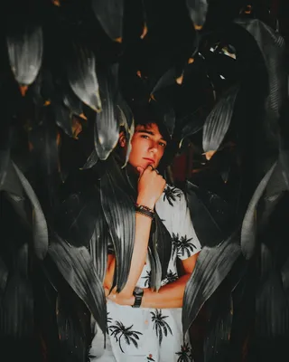 手放在下巴上站在绿叶下的男人