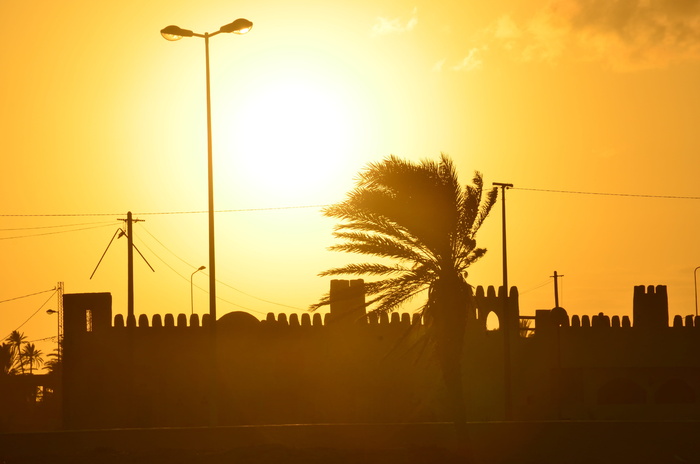 海滩、堡垒、棕榈树、日落、太阳、固定、护嘴、灯光