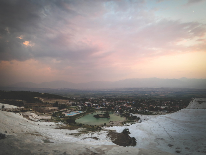 日落，石灰华池，伊斯坦布尔，土耳其，水，风景，天空，云