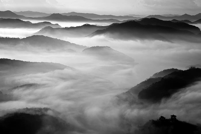 雾山，云，水墨，东方，山，自然，风景，黑白