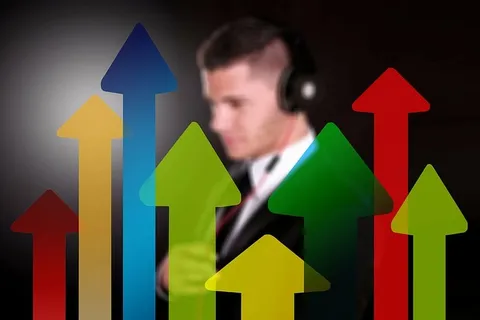 男人，戴着，耳机，箭头背景，箭头，潮流，商人，经济