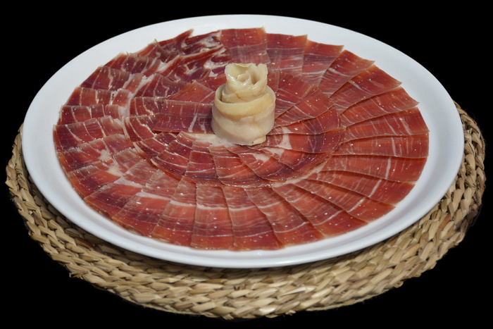 生鱼片，白色，陶瓷，盘子，serrano火腿，食品，小吃，开胃菜