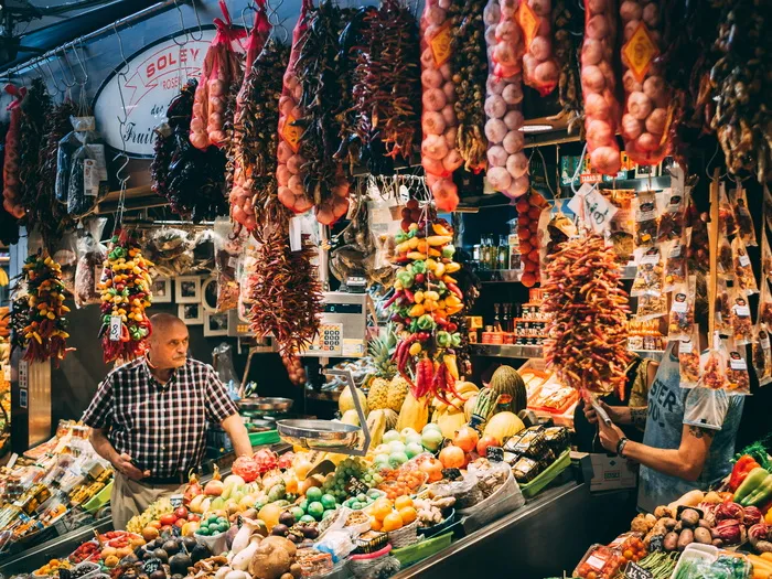 西班牙、巴塞罗那、梅尔卡多、橘子、水果、食品市场、五颜六色、蔬菜