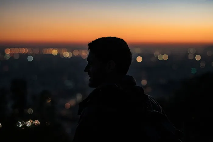 人，男人，剪影，日落，散景，光，黑暗，夜