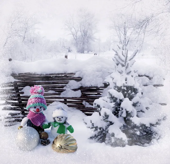 二，雪人，旁边，下雪，树，雪，冬天，新年