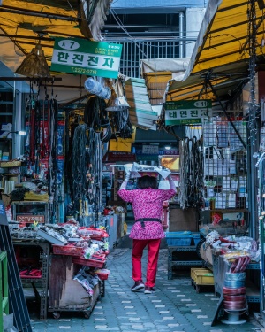 走在商店间小路上的女人