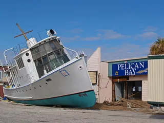 白色，蓝色，船，旁边，鹈鹕湾商店，大海，户外，工业
