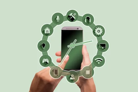 智能、家庭、智能手机、手、触摸、系统、公寓、厨房