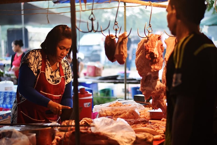 泰国、猪肉、牛肉、食品、市场、当地、销售、女性