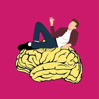 人类坐在人脑的插图上思考。