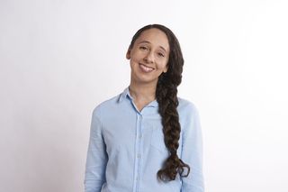 微笑，女人，穿着，蓝色，连衣裙衬衫，孤立，年轻，可爱