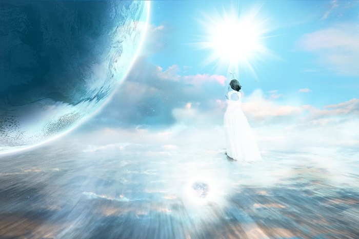 女人，行走，光，提升，天界，行星，天堂，地球