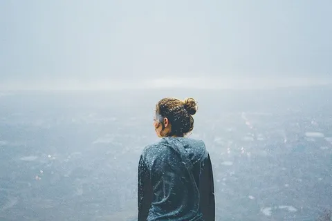 蓝色,灰色,风景,雪,女人,后视图,一个人,一天 蓝色,灰色,风景,雪,女人,后视图,一个人,一天