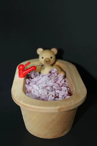 玩具，娃娃，浴缸，游泳，鲜花，摄影棚拍摄，室内，黑色背景