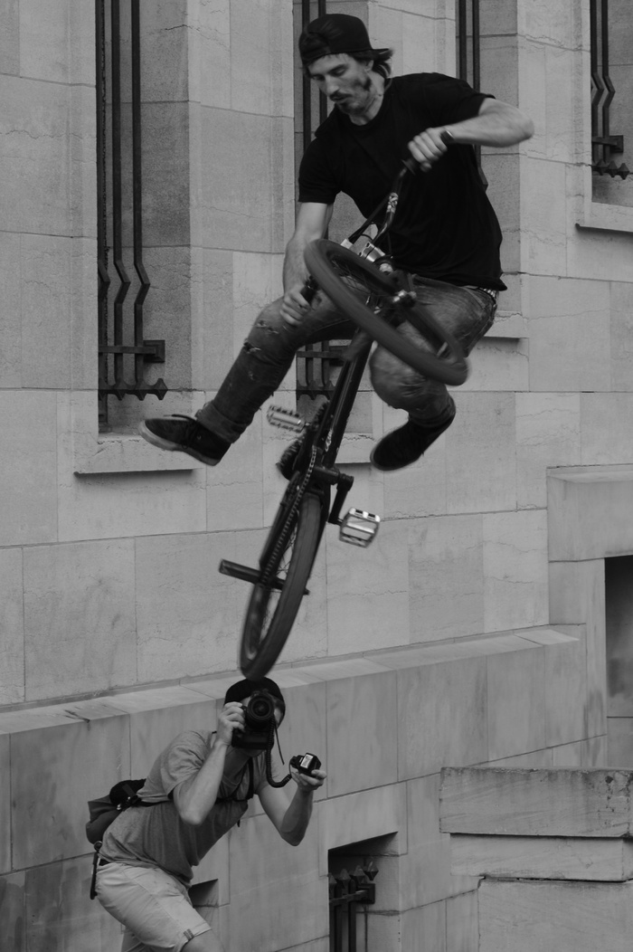 自行车、bmx、运动、壮观、男人、人、特技、摄影师