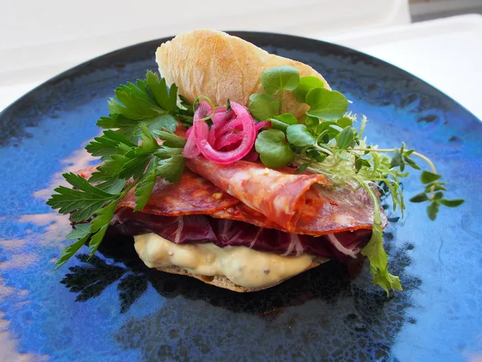 三明治，萨拉米香肠，意大利，腌制红洋葱，即食，新鲜，食品和饮料，盘子