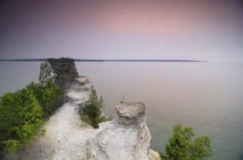 美国, 穆宁, 画岩国家湖岸, 日落, 有雾, 水景, 水边, 黄昏