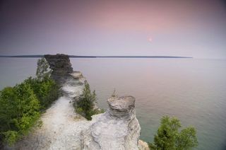 美国, 穆宁, 画岩国家湖岸, 日落, 有雾, 水景, 水边, 黄昏